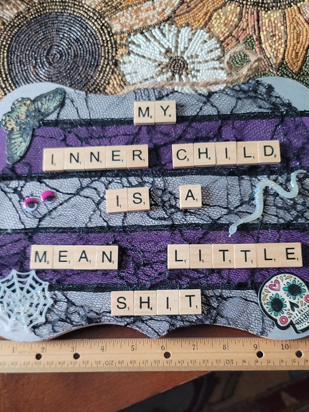 Halloween-Themed Decorative Wood Plaque with Scrabble Letter Message